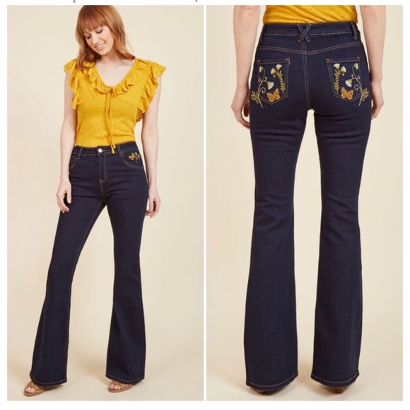 Modcloth Denim - ModCloth : embroidered dark wash flares